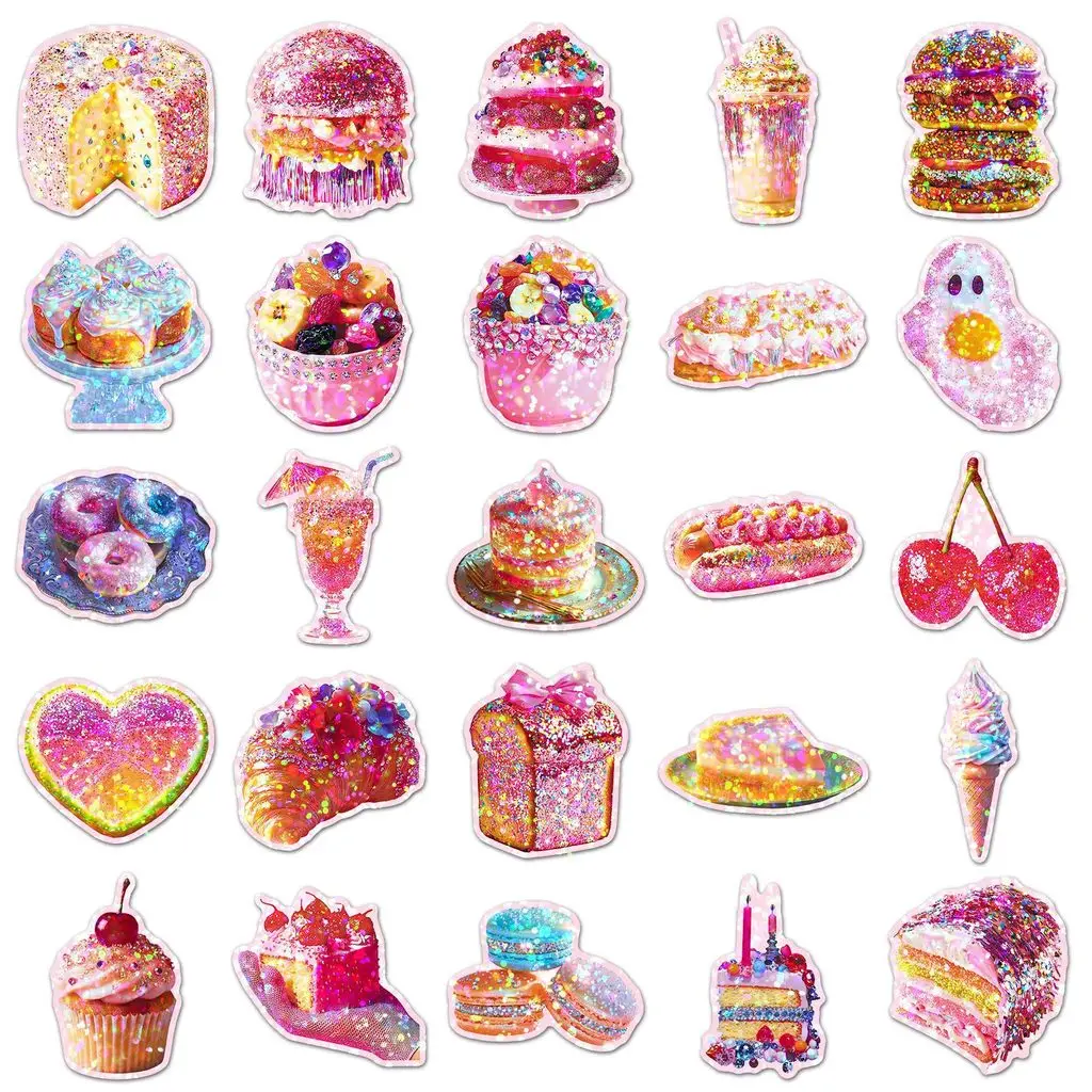 50 Uds. Pegatinas holográficas de sobrecarga dulce láser, calcomanías de postre brillantes impermeables para suministros de diario, LanLanStickersWorld Store