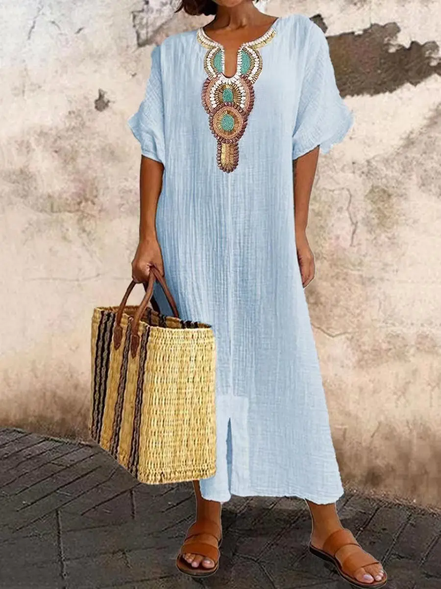 

Women Elegant Embroidery Maxi Dress Summer Short Sleeve U Neck Vintage Harajuku Loose Sundress Y2K Long Dress Beach Vestidos