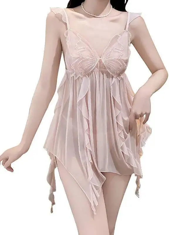 Elegant Sexy Transparent Mesh Butterfly Printed Dress Deep V Pure Desire Style Dress Backless Suspenders Sleeveless Dress U9ZU