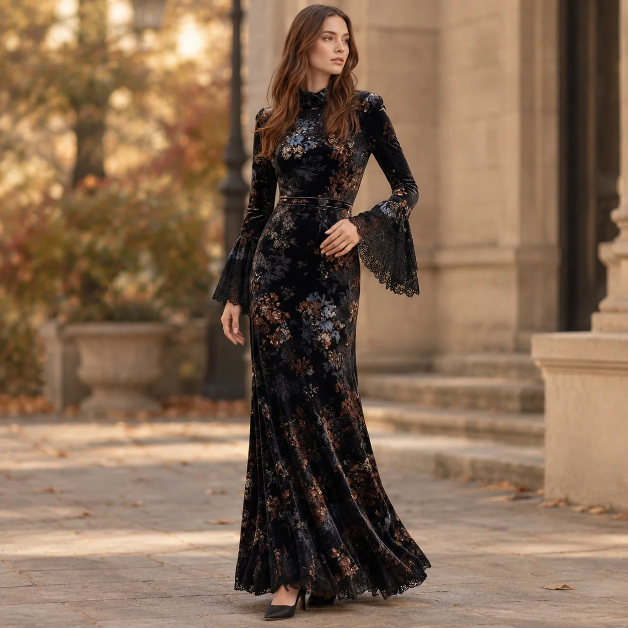 Printed Gown Long Sleeve Irregular Hem Individual Streetwear with a Line Pleated Dress Turtleneck Mid Length Autumn for Women