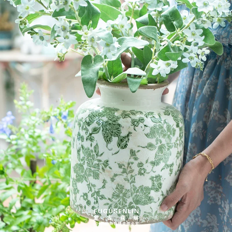 Vintage Forest Made Old Ice Cracking Glaze Green Leaf Pattern Vase Classical Ceramic Vase Decoration Water Culture Home Desktop