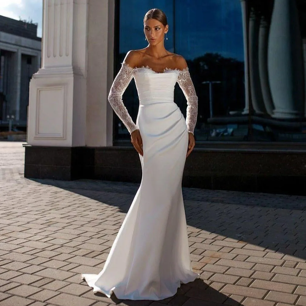 فساتين زفاف Eightale Boho على شكل قلب مزينة بالدانتيل مخصصة لحفلات الزفاف حورية البحر ثنيات وأكمام طويلة فيستدوس دي نوفيا