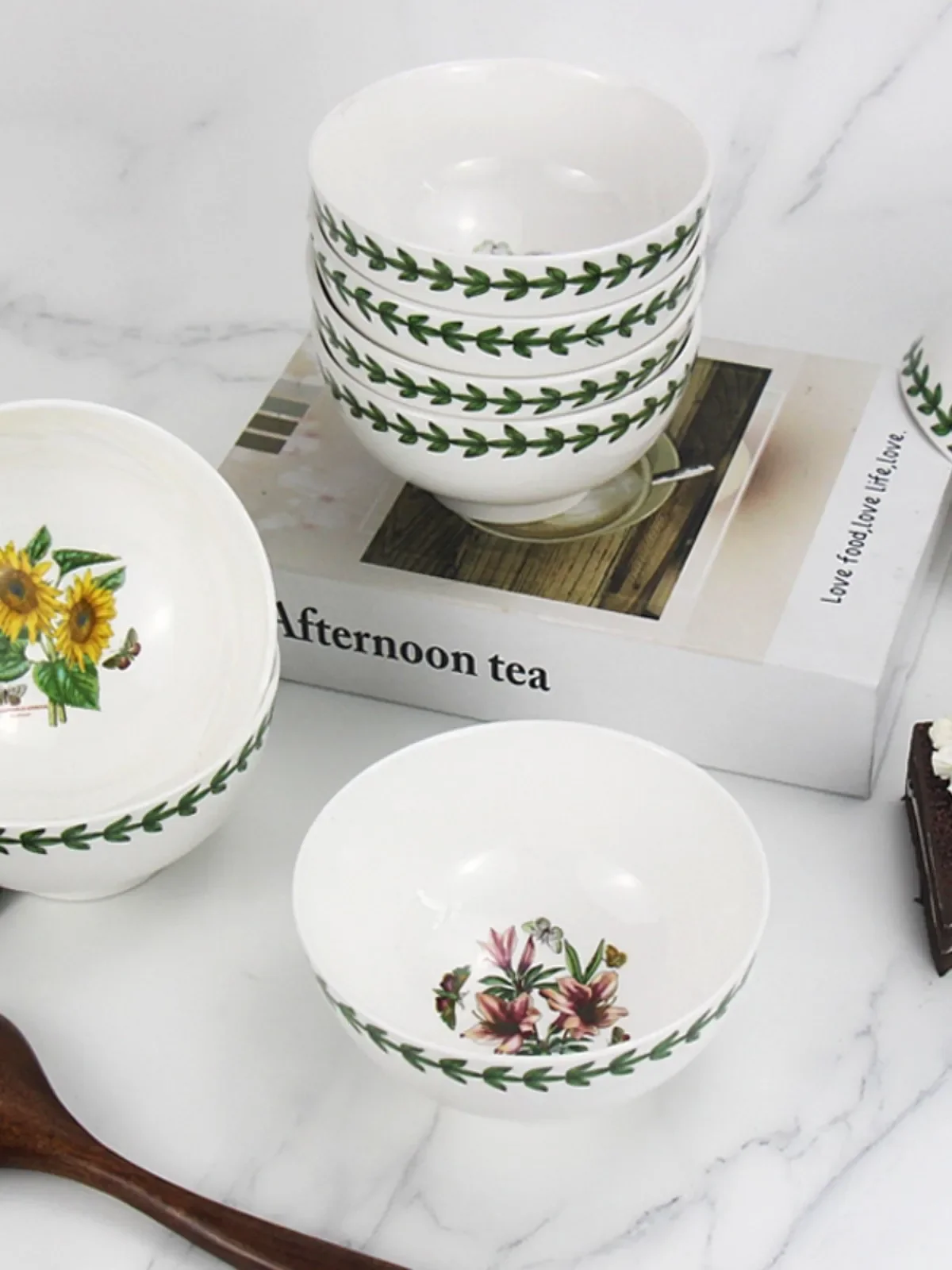 Rural Style Ceramic Rice Bowl High Temperature Glaze Soup Eating Flower Pattern Dinnerware Set for Home And Restaurant