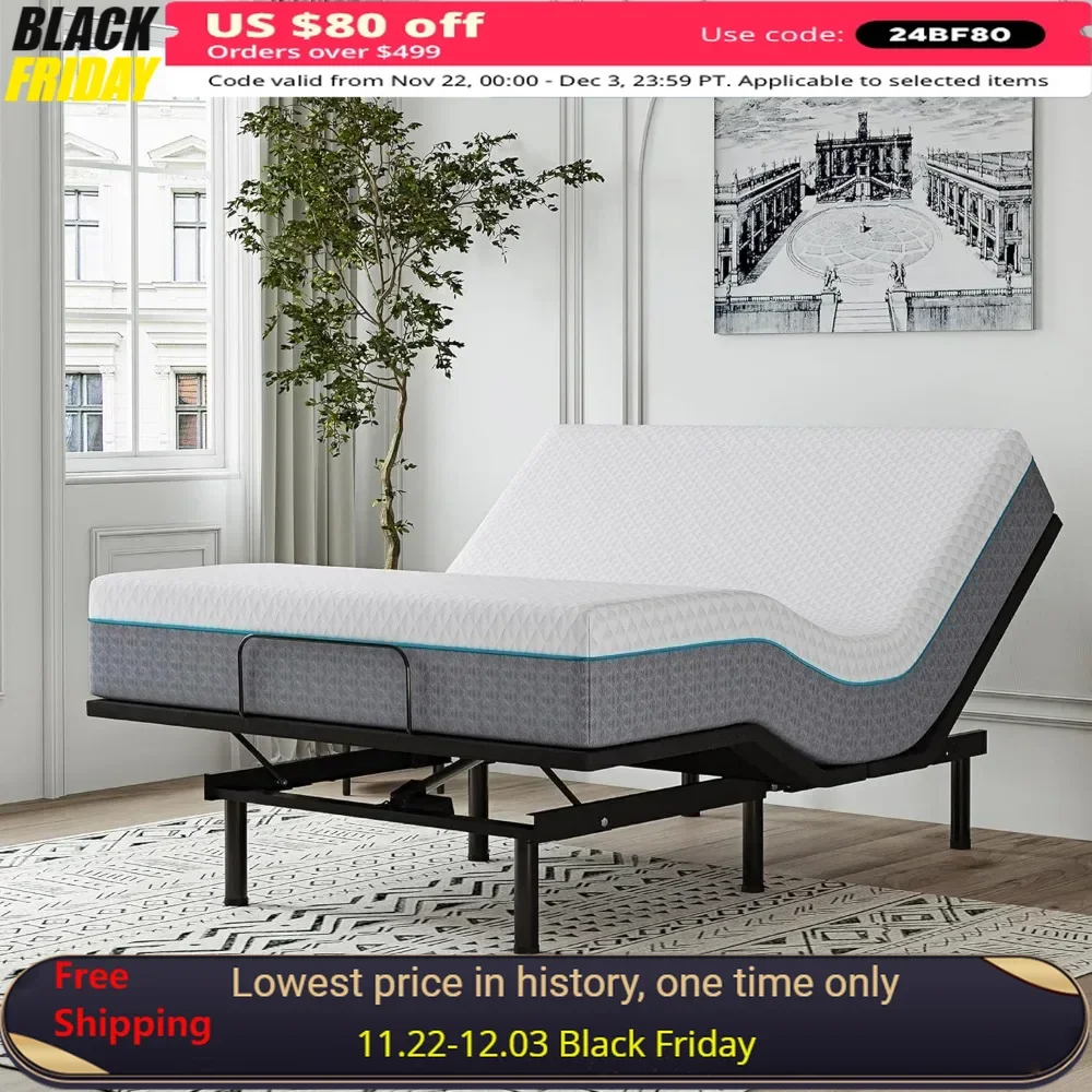 Queen Adjustable Bed Frame with Remote, 14 inch Charcoal Gel Memory Foam Mattress, Independent Head and Foot Incline, Bed Frame