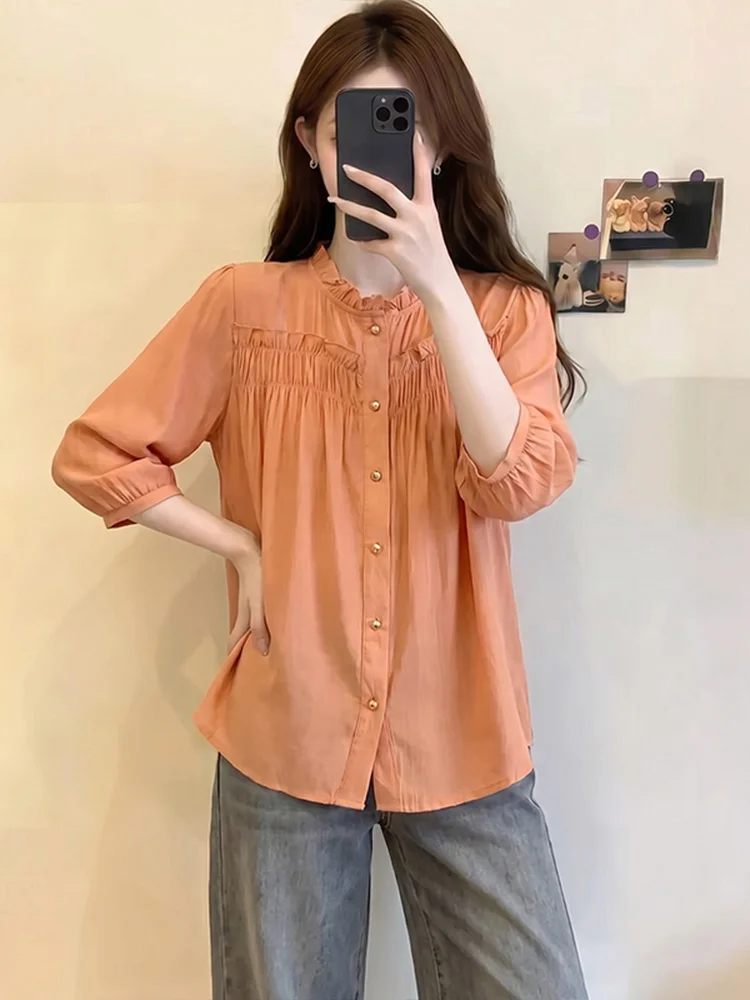 

Summer 2026 Women's Loose Fit Casual Shirt with Wood Grain Ruffle Seven Sleeve Commute Style Breathable Comfortable Korean Ve...