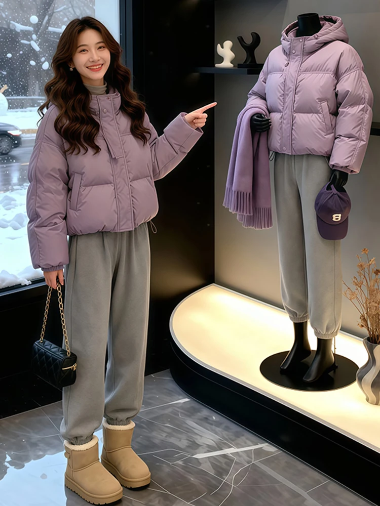 

Purple ort Thiened down Cotton Jaet Women's 2026 Winter New Sle Bread Sle Coat Korean Version Slim Fit Long Sve
