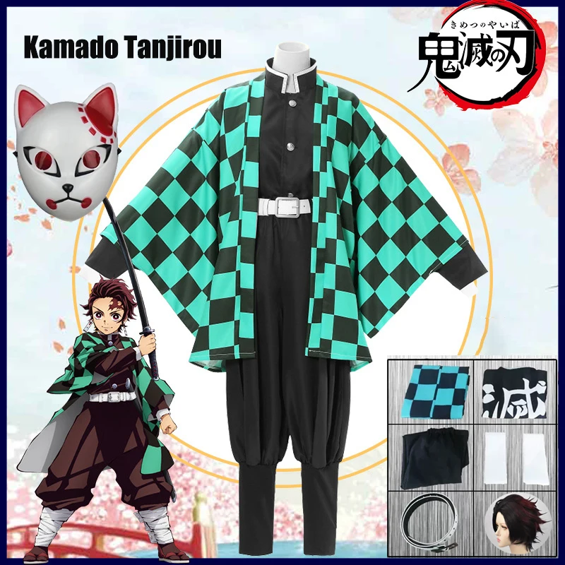 Tanjirou Kamado Cosplay Costume Porcelaine, Anime Demon Slayer, Kimetsu No Yaiba Vêtements pour Adultes et Enfants, Ensemble Uniforme, Cadeau de ix, Perruque, Masque Kimono