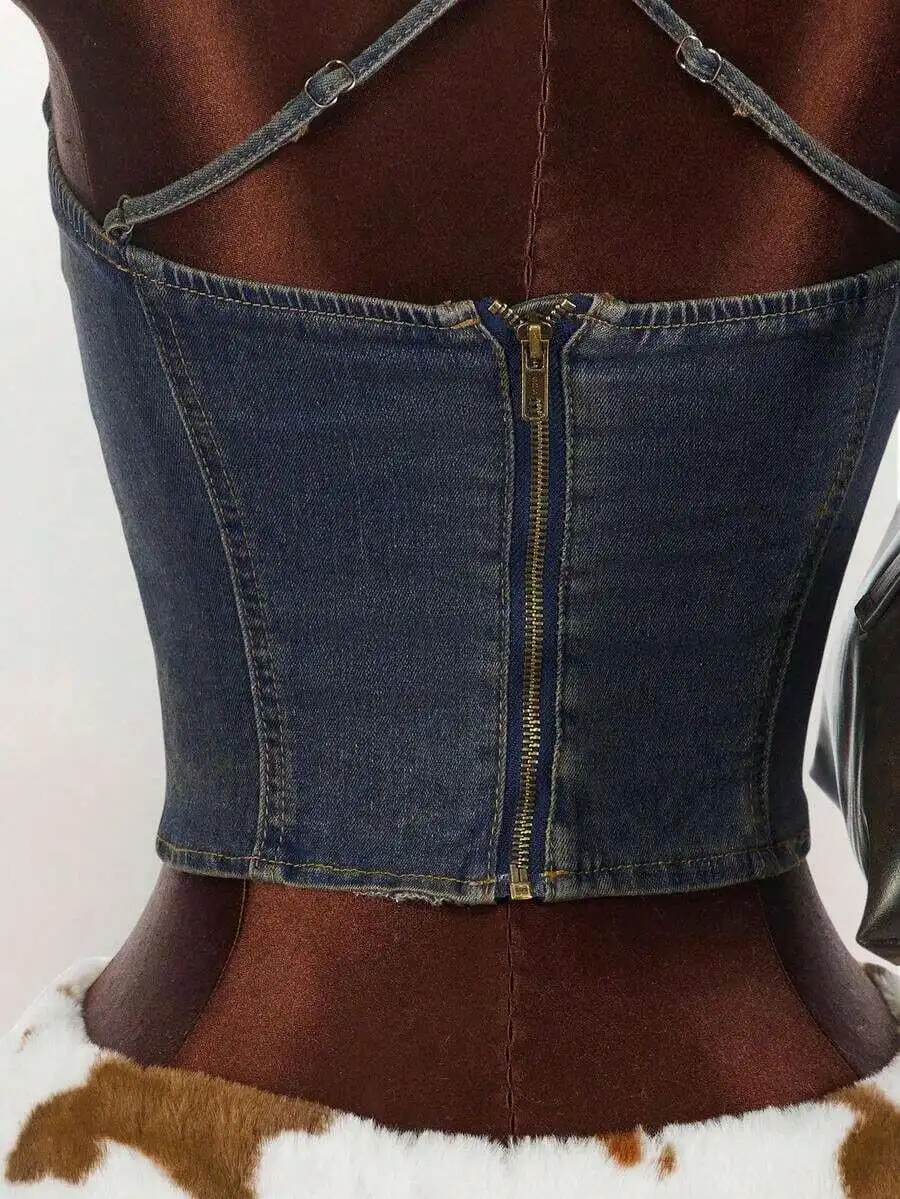 

Womens Denim Crop Top With Spaghetti Straps Backless Zipper Back Casual Y2k Style