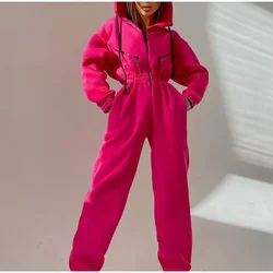 Long Sleeve Sports Casual Women's Hooded Overall Pants Jumpsuits Solid Color Jumpsuit Women One-Piece Suit