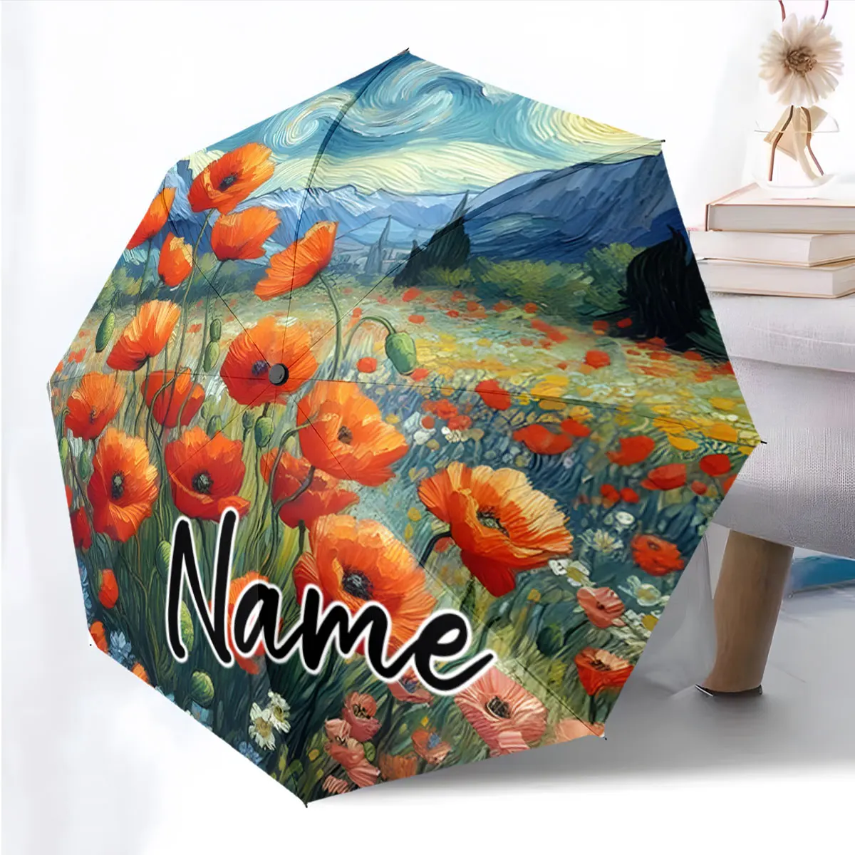 Custom Name Beautiful Umbrella with Vibrant Poppy Flower Design Print 8 Iron Ribs Folding Umbrella Auto-Open Fashion Sunshade