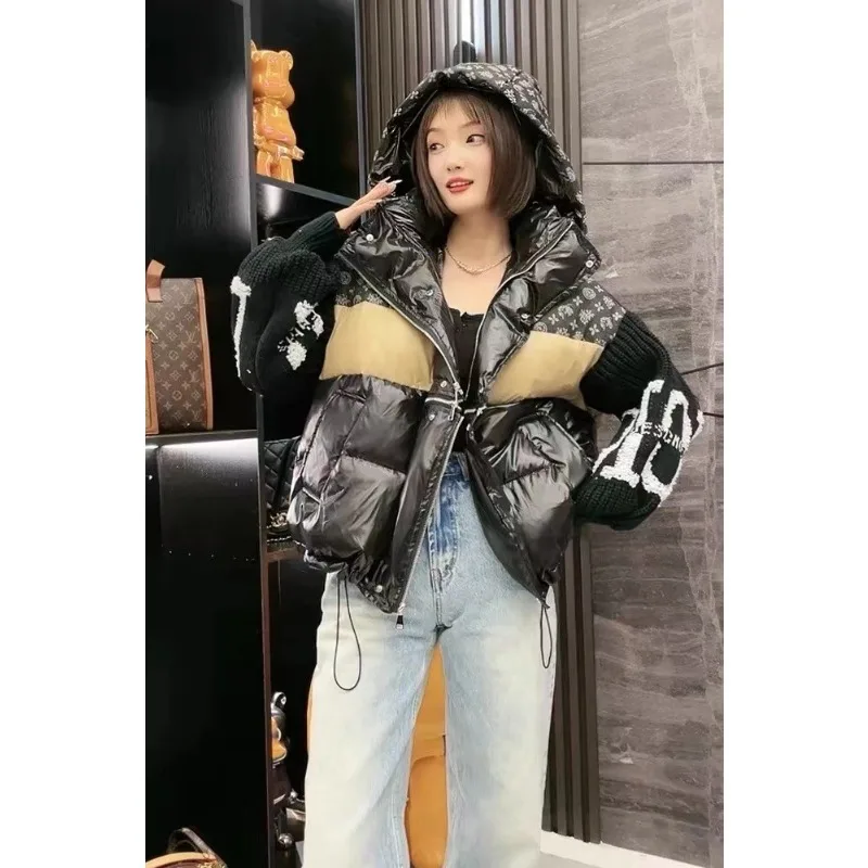 Women's New Style Patchwork Hooded Down Jacket Knitted Sleeves Letters Thickened White Duck Down Outerwear Jackets for Women