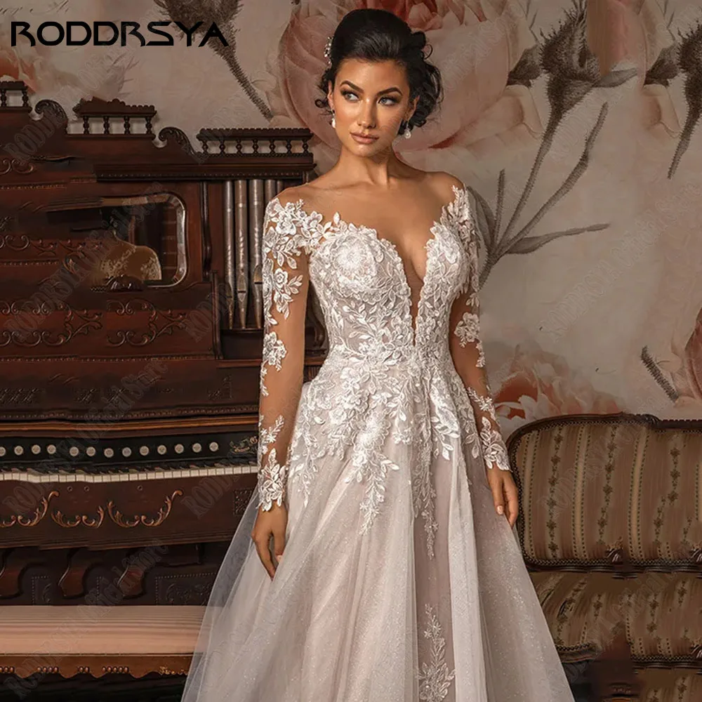 RODDRSYA-Robe de Mariée Trapèze à Col Rond et Manches sulf, en Tulle, Grande Taille, pour les PatientsRoddrsya col rond a - ligne robe de mariée manches longues dreamback tulle robe de mariée dentelle appliques grande