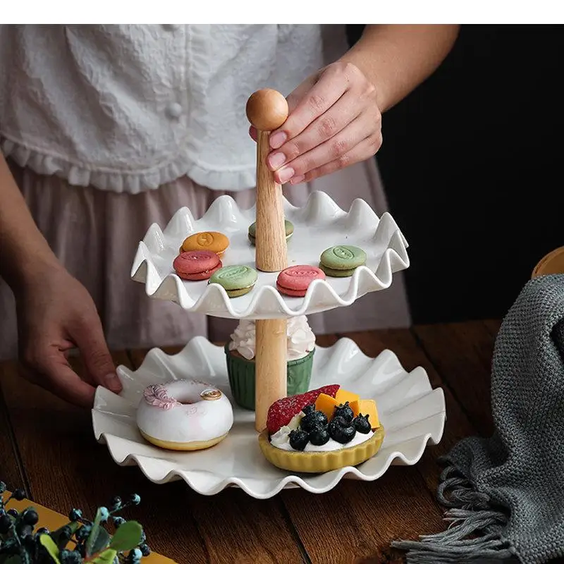 Simple Double Layer Ceramic Fruit Plate Wooden Stand Snack Candy Display Racks Home Kitchen Tableware Snacks Cake Dessert Plates