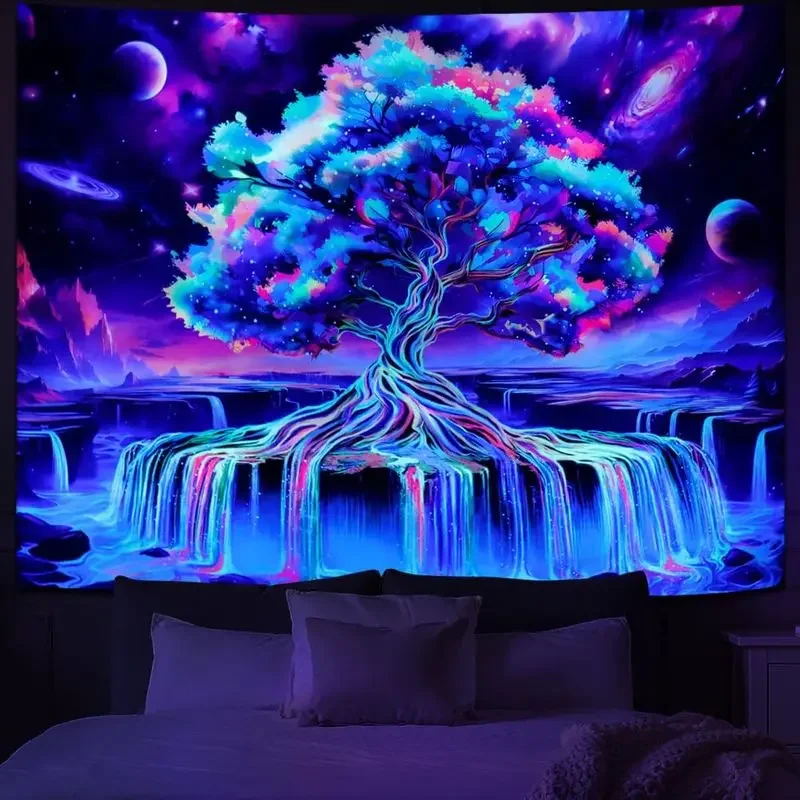 VIKAMA Multihued Cosmic Tree Cascading Water Black Light Tapestry UV Active Surreal Wall Poster Room Styling Decor Soft Durable
