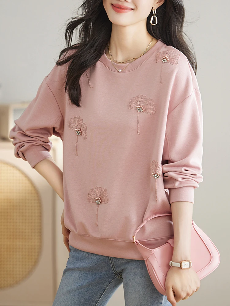 White Pink Elegant Embroidered Beaded Sweatshirts Women Autumn Winter Loose Casual Y2K Oversized Pullovers Female 2023 New In