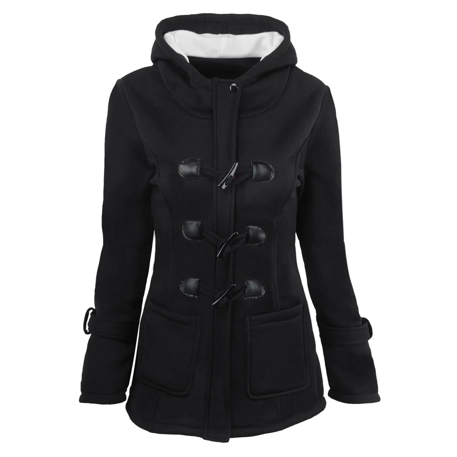 Autumn Winter 2023 Full Sleeve Solid Women Hooded Loose Casual Thick Coats Horn Button Regular Splice Single Breasted Jackets