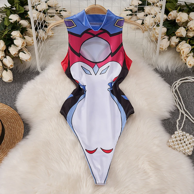 Cartoon Print Hollow Out Lady's Pajamas O-Neck Sleeveless Slim Bodysuits Cut Kawaii Japan Sleepwear New In Spring Women's Top
