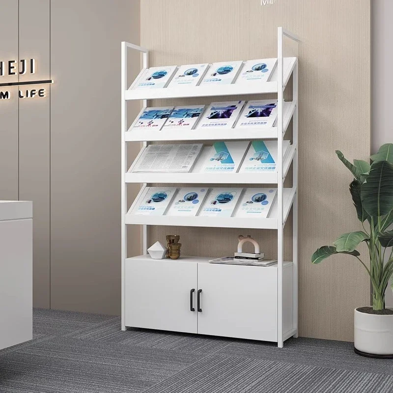 newspaper rack, magazine rack, book display rack with cabinet door, data storage