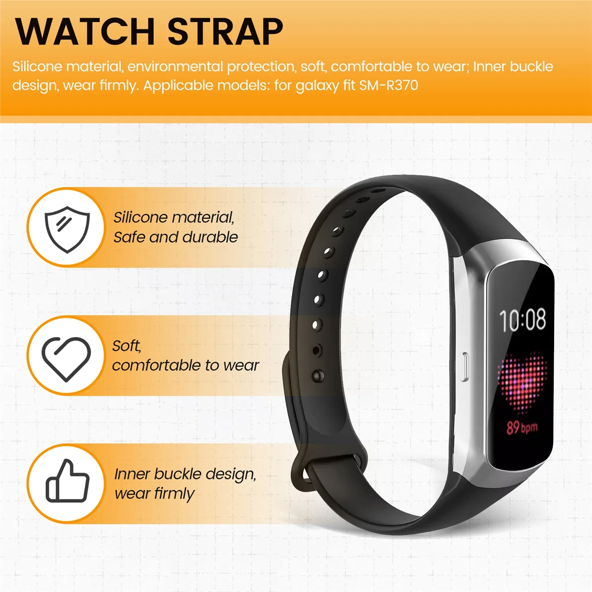 حزام ساعة رياضي لهاتف سامسونج جالاكسي فيت SM-R370 حزام ساعة بديل من السيليكون الناعم لهاتف سامسونج جالاكسي فيت SM-