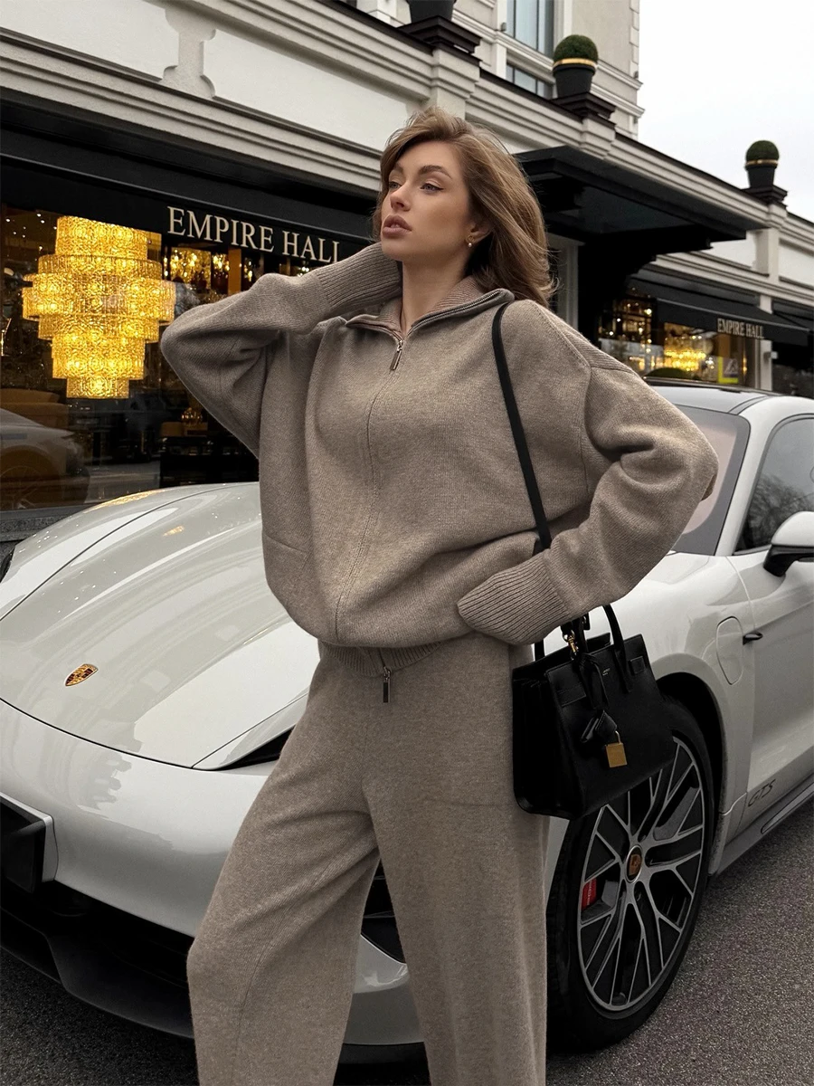 Sumuyoo Zipper Knitted Set 2026 Autumn Winter New Half Open Collar Loose Sweater Tight Leg Pants Two Piece Set