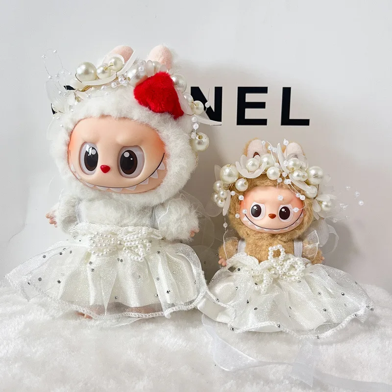 

Clothes For 1st-4th Gen Labubu White Pearl Tulle Dresses With Matching Hair Accessories For10/15/17cm Dolls Birthday Party