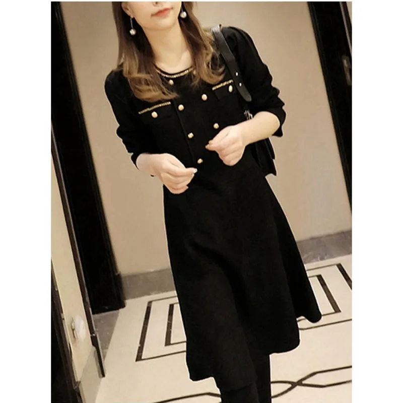 

New Women's 2024 Spring Autumn Solid Color Crew Neck Button Spliced Fashion Elegant Slim Commuter Long Sleeve Knitted Dress