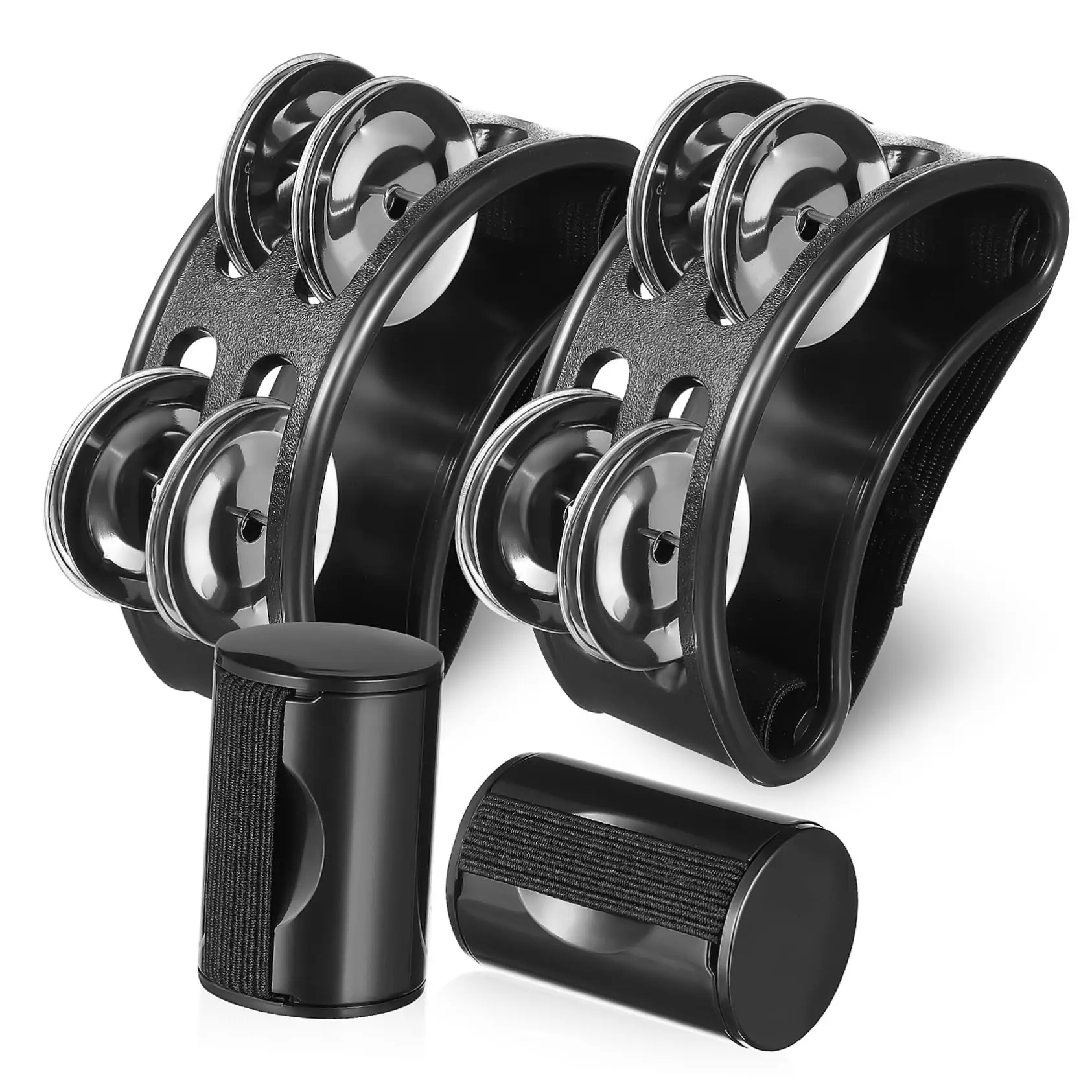 2 Black Foot Pedal Bells + 2 Maracas De Sonaja De Mano Cascabel De Pedal Sonaja De Dedos Instrumento De Percusión Manual