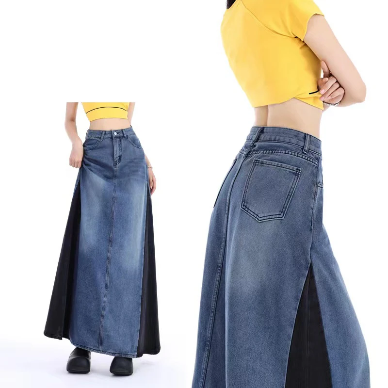 S-XXXL High Waist Denin Skirts Women A-Line Loose Casual Color Contrast Pocket Zipper Fly Long Maxi Jeans Skirts Female Trendy