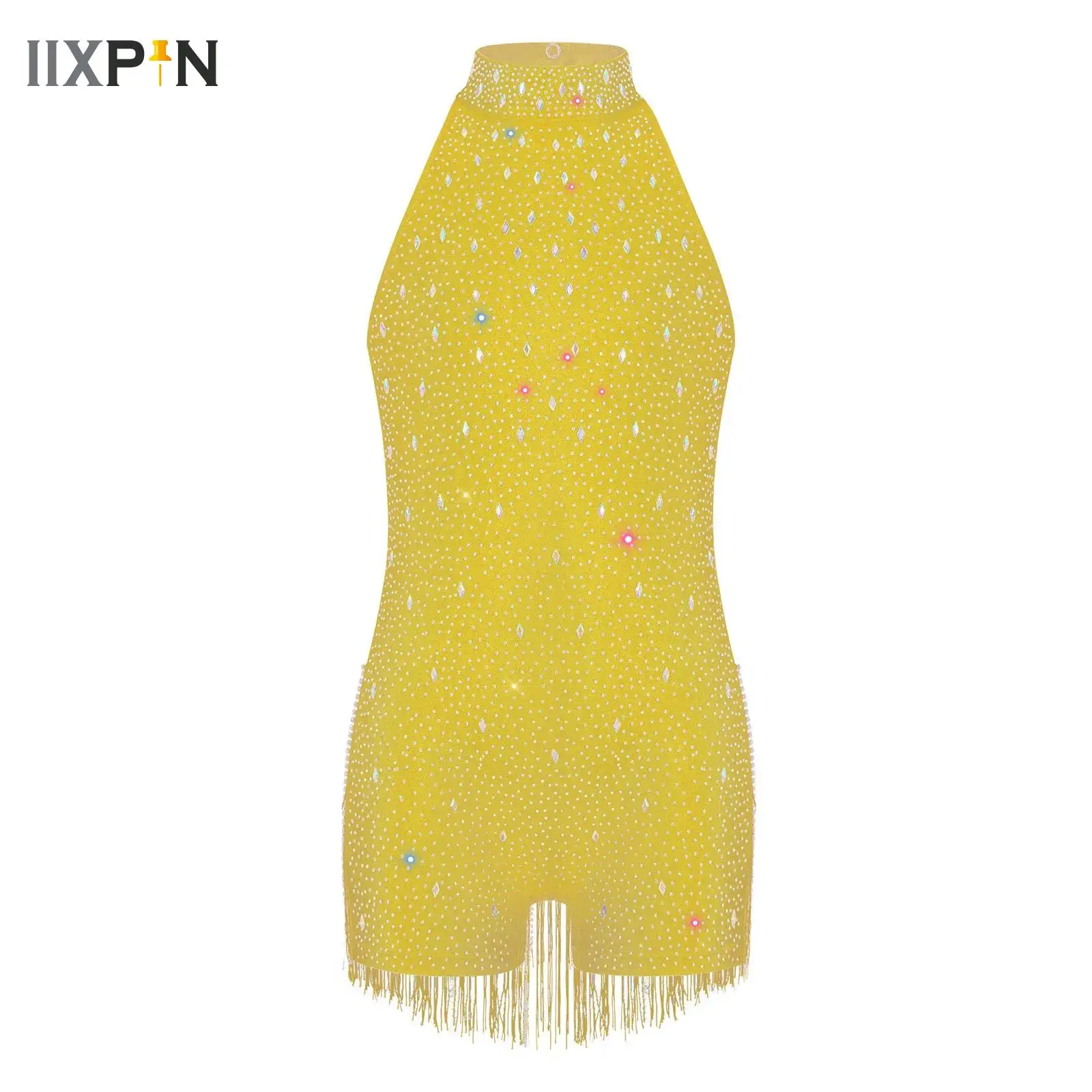 

Kids Girls Shiny Rhinestones Tassel Latin Jazz Leotard Fringed Jumpsuit Rumba Cha Cha Bodysuit Competition Performance Costume
