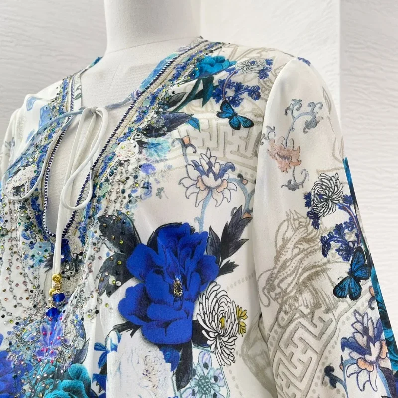 Mini vestido plisado de manga larga con estampado de flores para mujer, cuello en V profundo, diamantes, blanco, azul, vacaciones, recién llegados, 2024