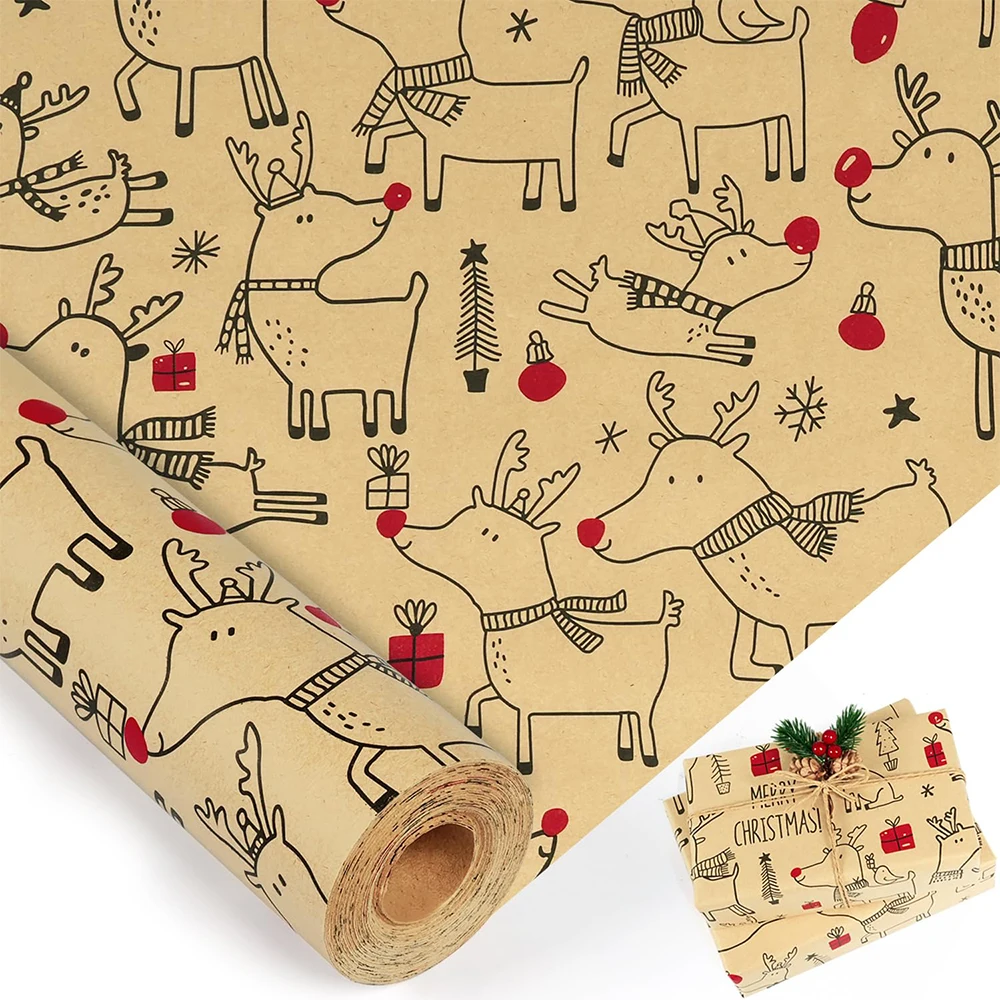 1 لفة 17 بوصة × 590 بوصة ورق تغليف عيد الميلاد، ورق تغليف الهدايا مع زينة عيد الميلاد، ورق كرافت بتصميم غزال جميل