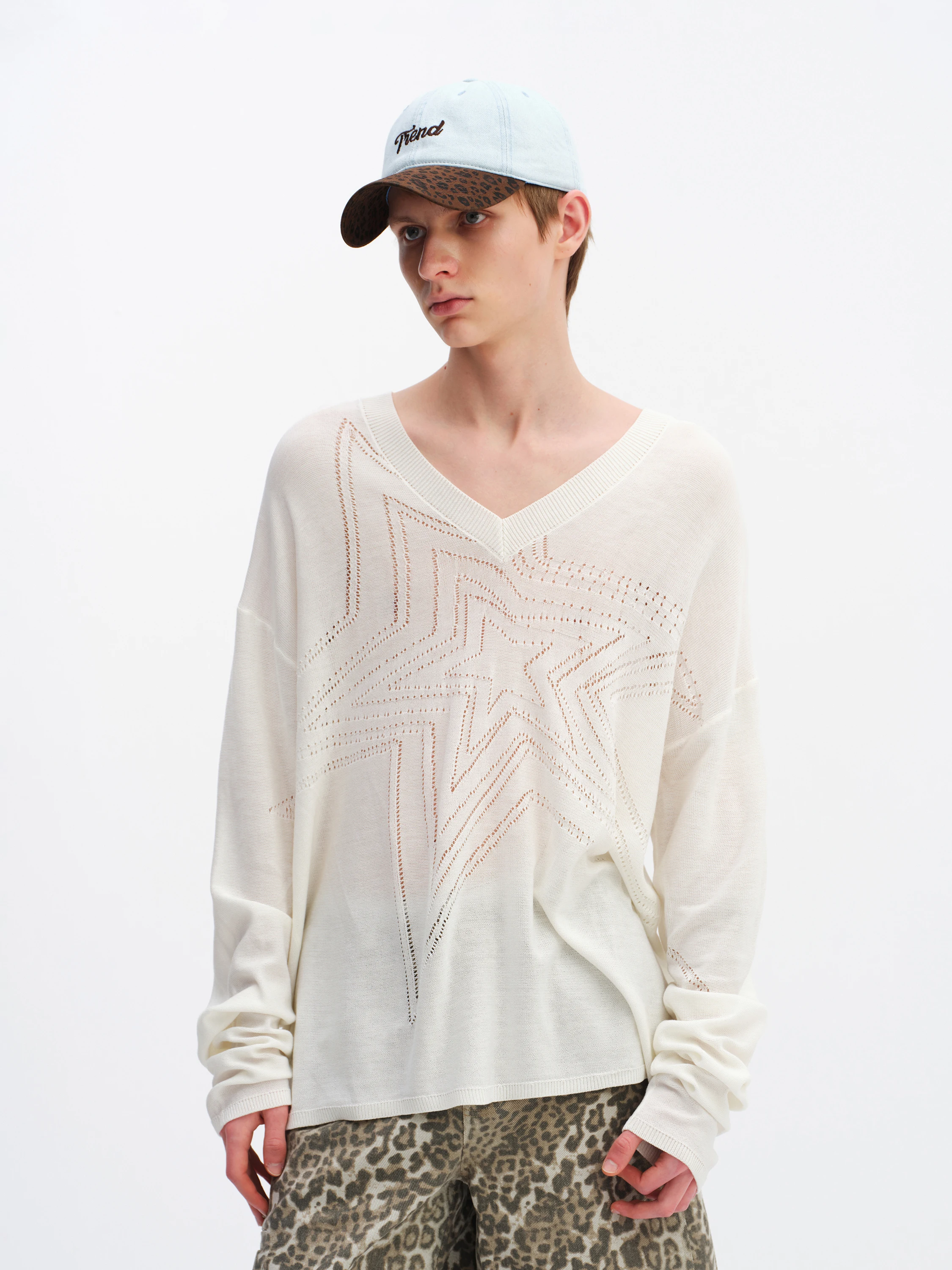 

Свободный вязаный женский топ с длинным рукавом, V-образным вырезом и ажурным узором в виде звезд, весенний дизайн, повседневный стиль, удобный, мягкий, из акрилового волокна