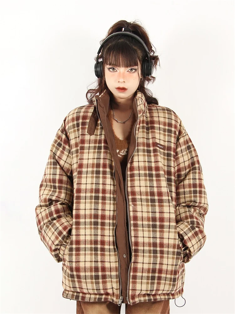 Women\'s Plaid Parka Jacket Overcoat Warm Long Sleeve Down Jackets Vintage Harajuku Korean Padded Jacket Winter 2000s 90s Clothes