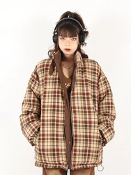 Women's Plaid Parka Jacket Overcoat Warm Long Sleeve Down Jackets Vintage Harajuku Korean Padded Jacket Winter 2000s 90s Clothes