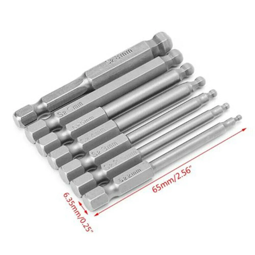 7 Pcs 65mm Magnetic Ball End Hexagon Head Hex Screwdriver Bits Drill Tools Set H2, H2.5, H3, H4, H5, H6, H8 Spherical Hand Tools