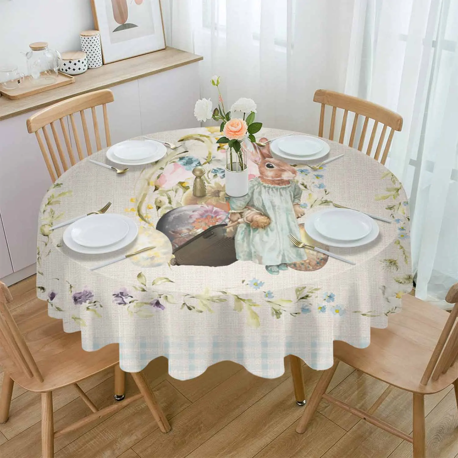 Retro Rabbit Easter Flower Waterproof Tablecloth Table Decoration Wedding Home Kitchen Dining Room Round Table