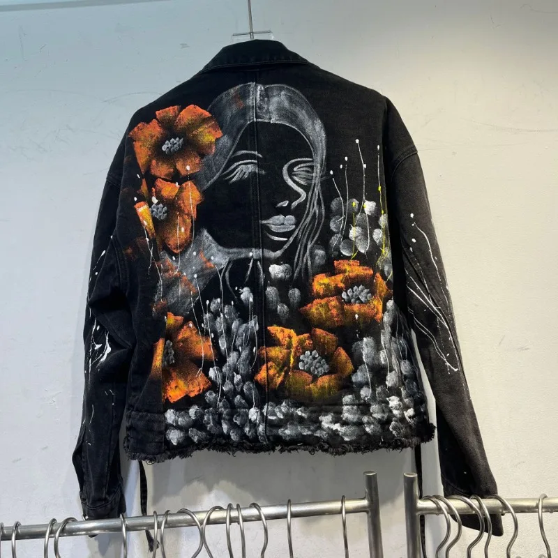 European Style High Sense Graffiti Denim Jacket 2025 Autumn New BF Heavy Industry Skinny Top Coat Single-breasted Outwear Ladies