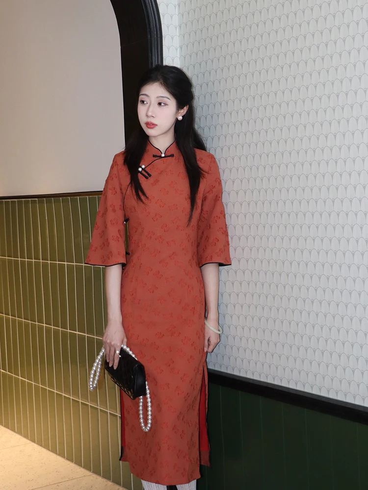 

Elegant Long New Chinese Style Qipao Young Girl Spring Summer Elegant Atmosphere National Style Improved South Orange