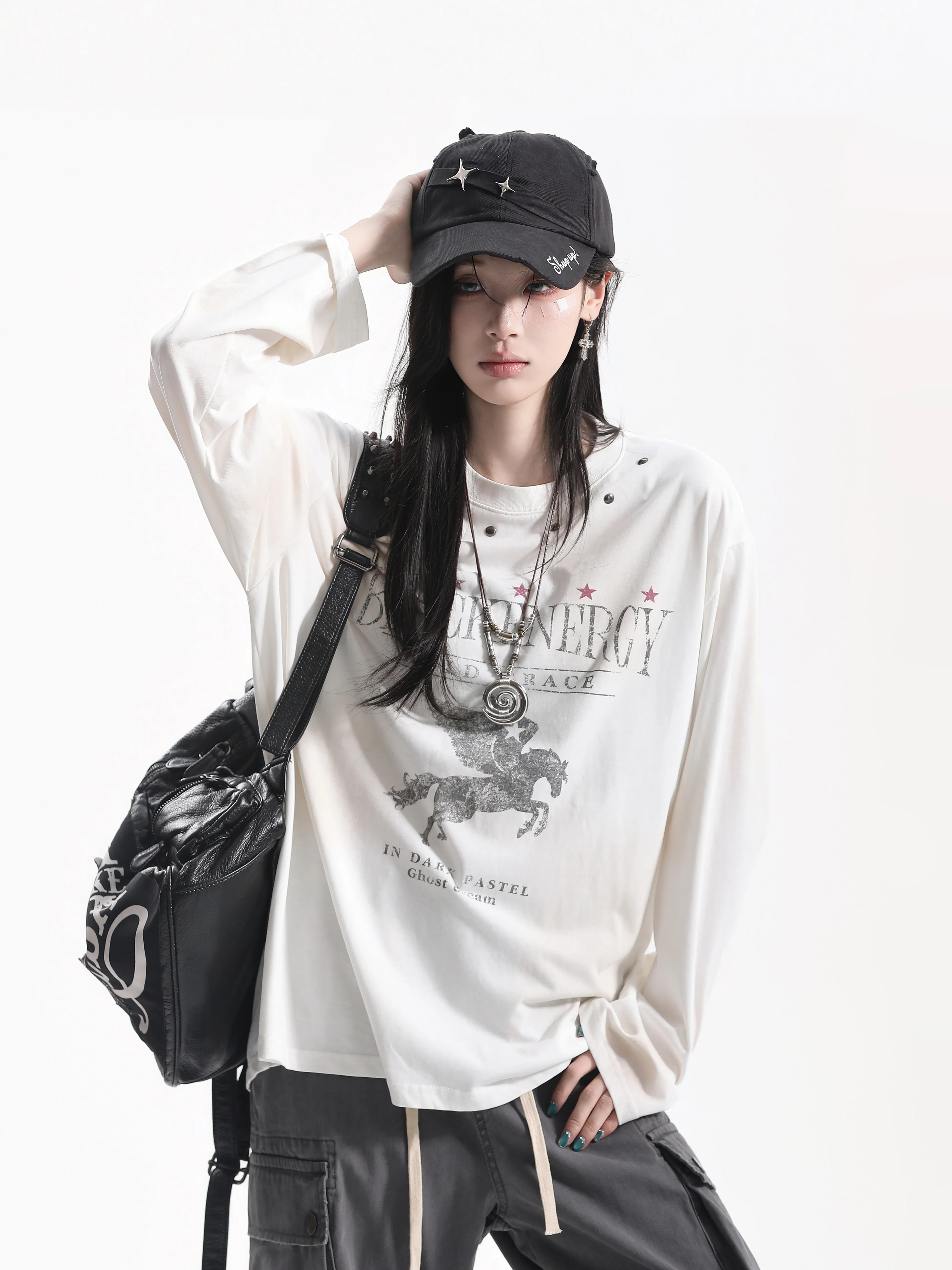 Retro American Style Long Sleeve T-Shirt with Nail Head Design Slim Fit Printed Design Casual Comfortable Breathable for Youth