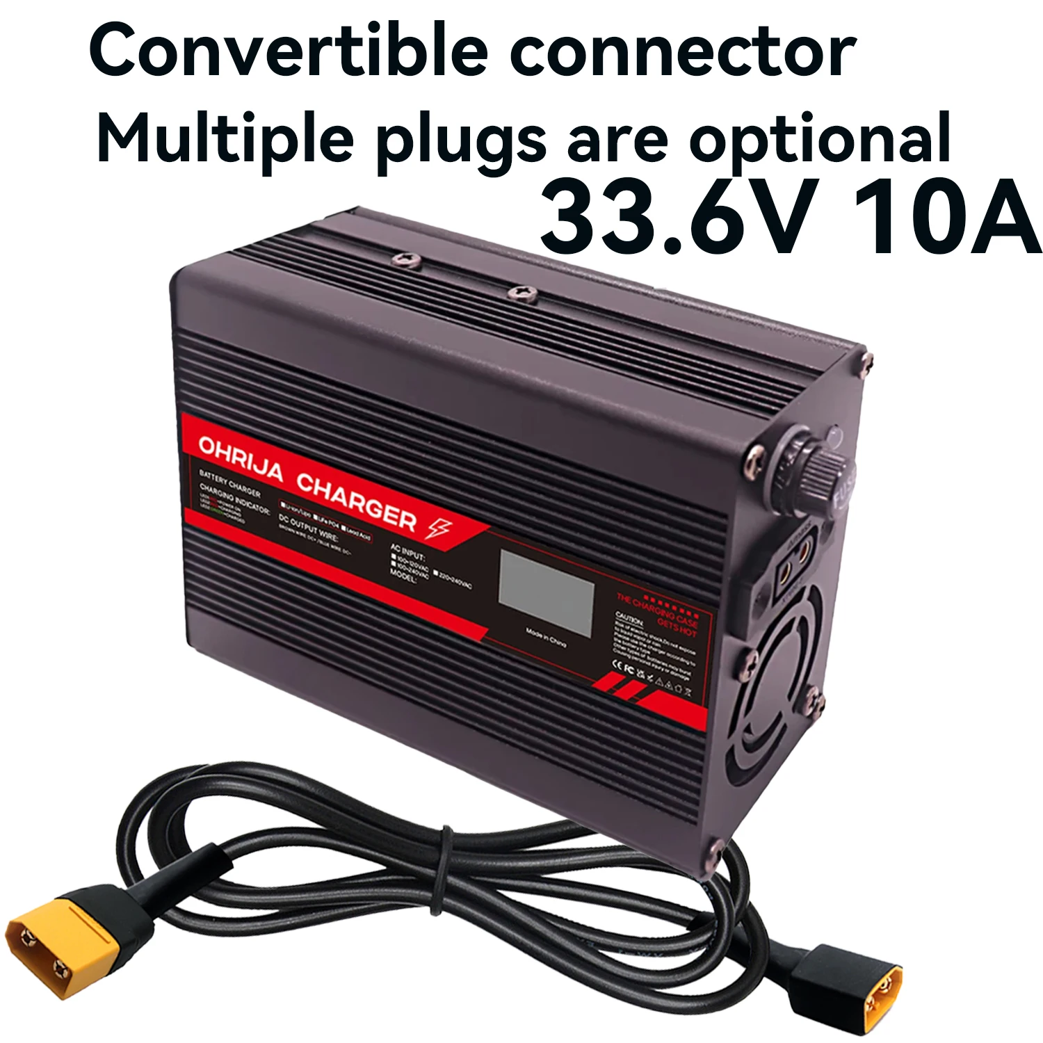 

33.6V 10A Lithium Battery Fast Charger for 8S 29.6V OLED Display & Interchangeable Connector Fast stabilization with cooling fan