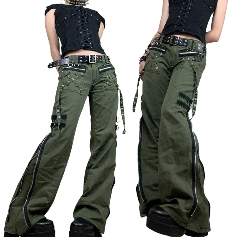 Women Casual Cargo Pants Goth Punk Military Green Baggy Pants High Waist Wide Leg Trousers Grunge Clothes Y2k Streetwear