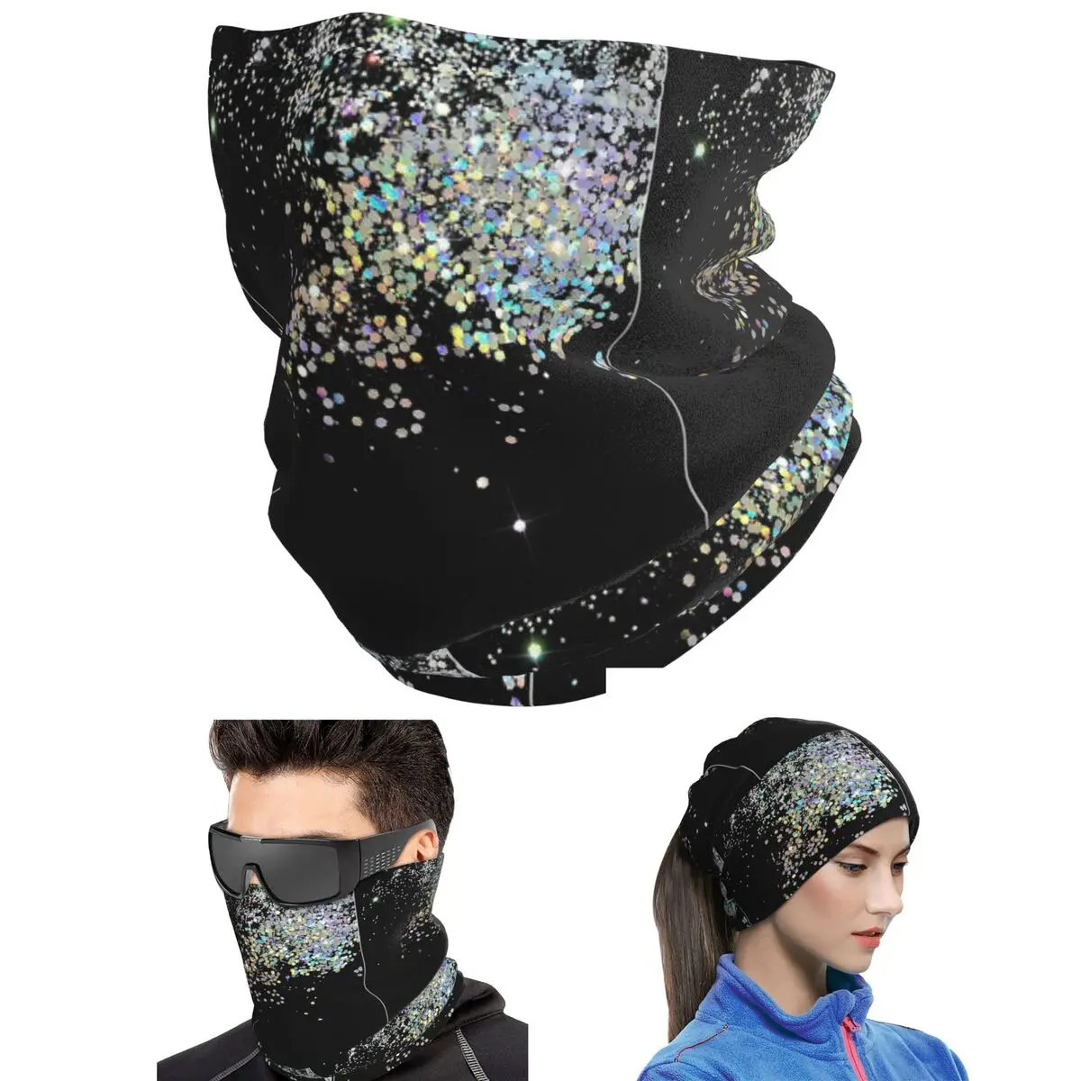 Black And Holographic Sparkle Bandana Neck Gaiter Printed Wrap Scarf Outdoor Sports Headwear Unisex Adult Winter