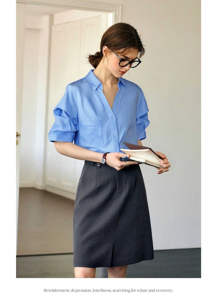 OLrain Women's Shirt 2025 Summer French Blue Striped Button-up Collared Pleated Sleeves Woman Blouses Ladies Clothing O57XC98015