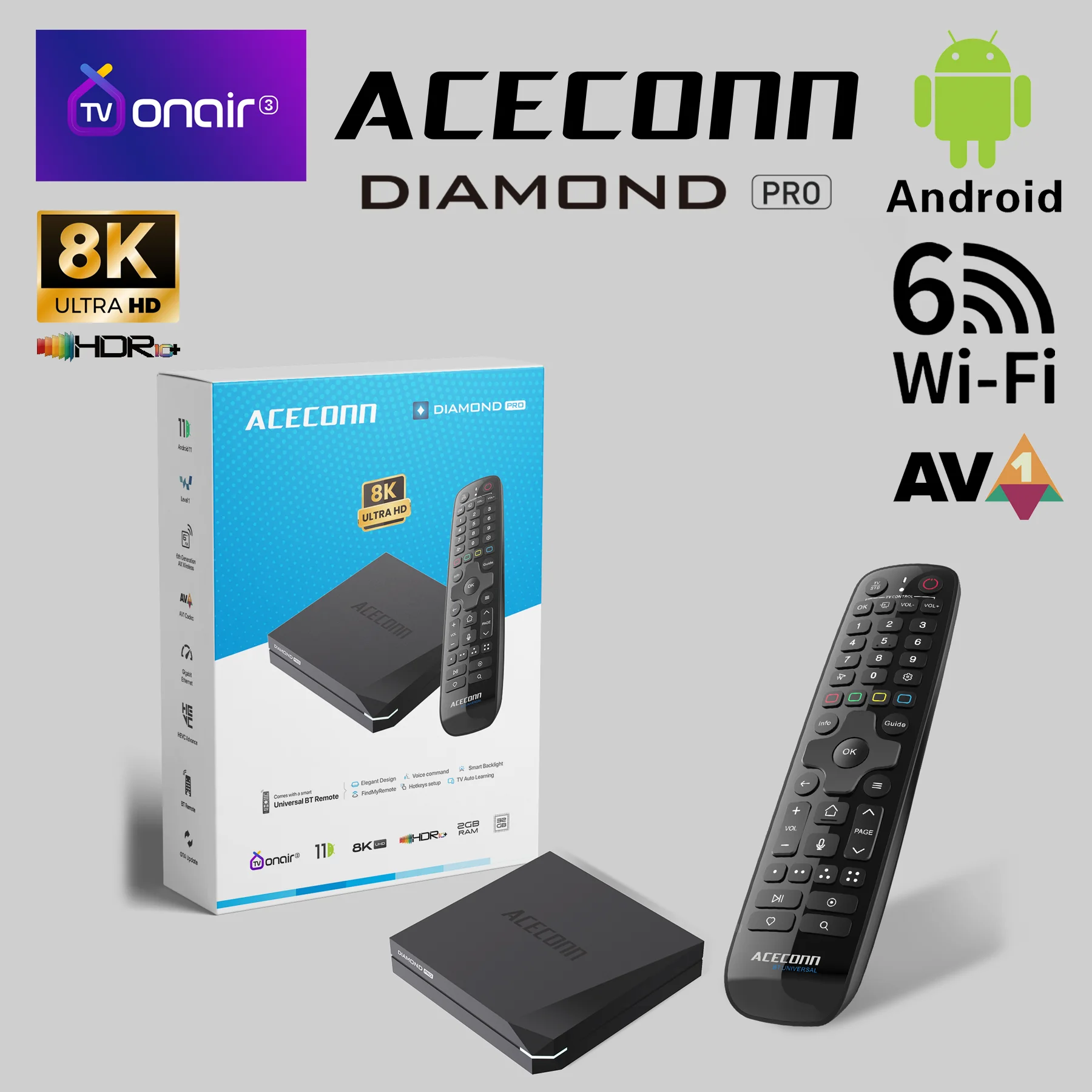 ACECONN Diamond Pro streaming Android cajas iptv 4K 8K TVONAIR3 2G 32GB WiFi6 Gigabit BT soporte voz remota retroiluminación TV Box