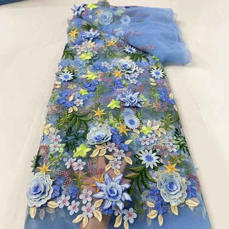 3d刺繍の花が施されたブルーのチュール生地-–-ウェディングドレス、袍、舞台衣装用の中国風花柄レース