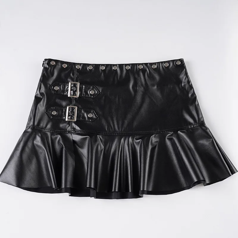 

Spice Girl High Waist Rivets Irregular Split PU Leather Pleated Skirt