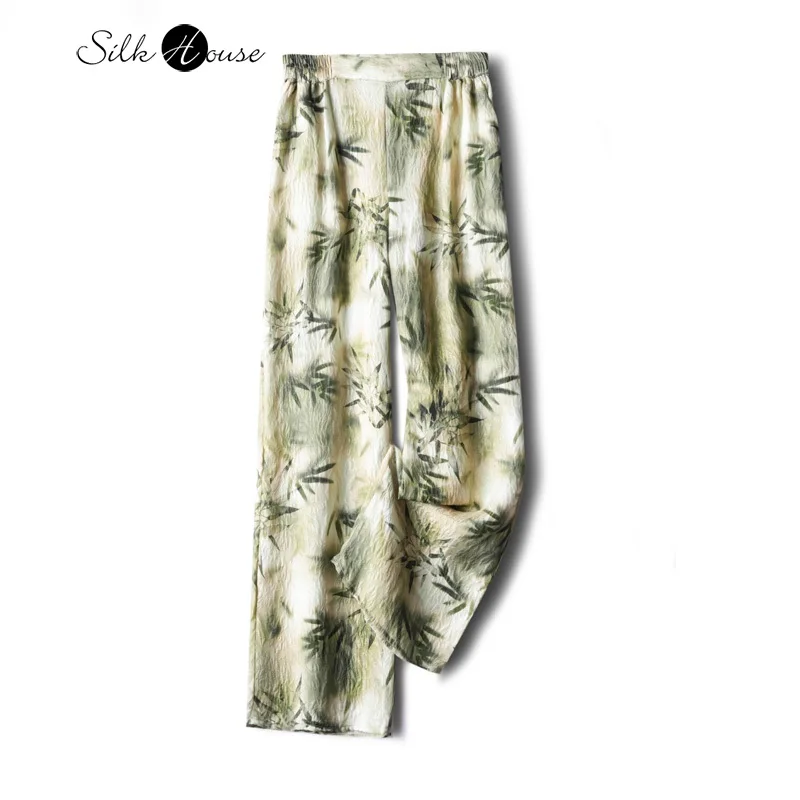 

100% Natural Mulberry Silk Guanle Crepe Digital Printing Ink Bamboo Leaf Casual Women's Casual Pocket Design Wide Leg Pants