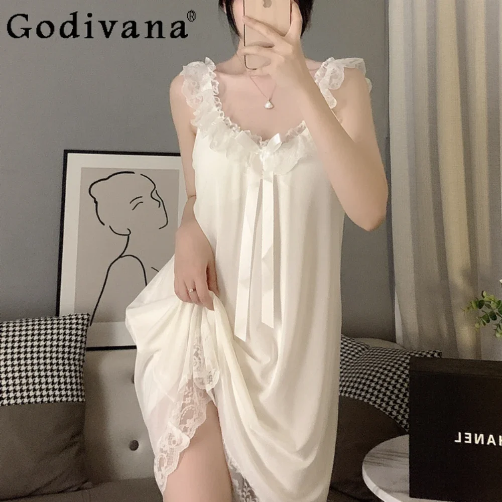 

Women's Pajamas Court Style Summer Sexy Suspender Nightdress Lace Chest Pad Seduction Nightgowns Robe Homewear Dress