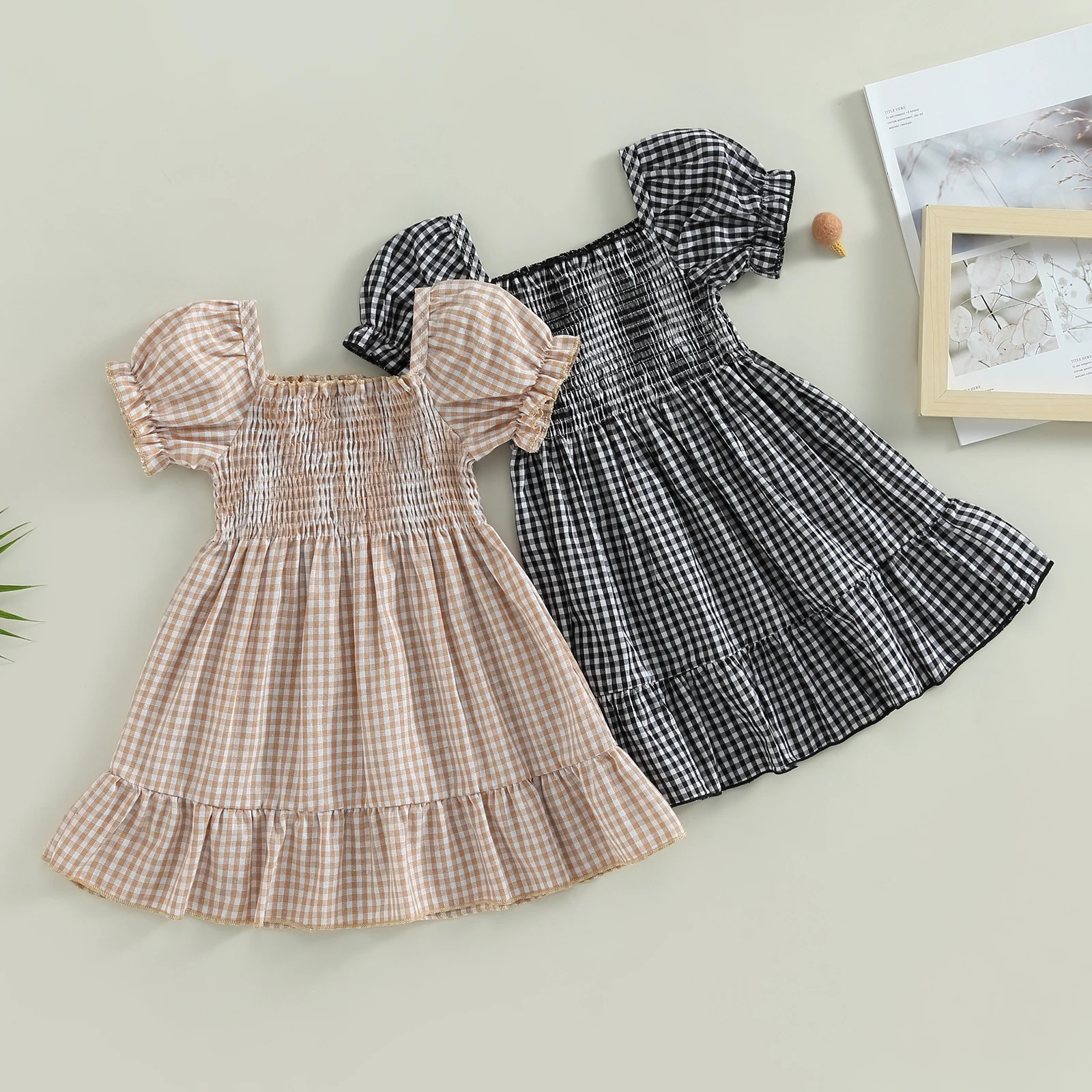 Summer Toddler Baby Girls Casual Dress Toddler Girls Short Puff Sleeve A-line Plaid Dress Princess Girls Sundress Clothes