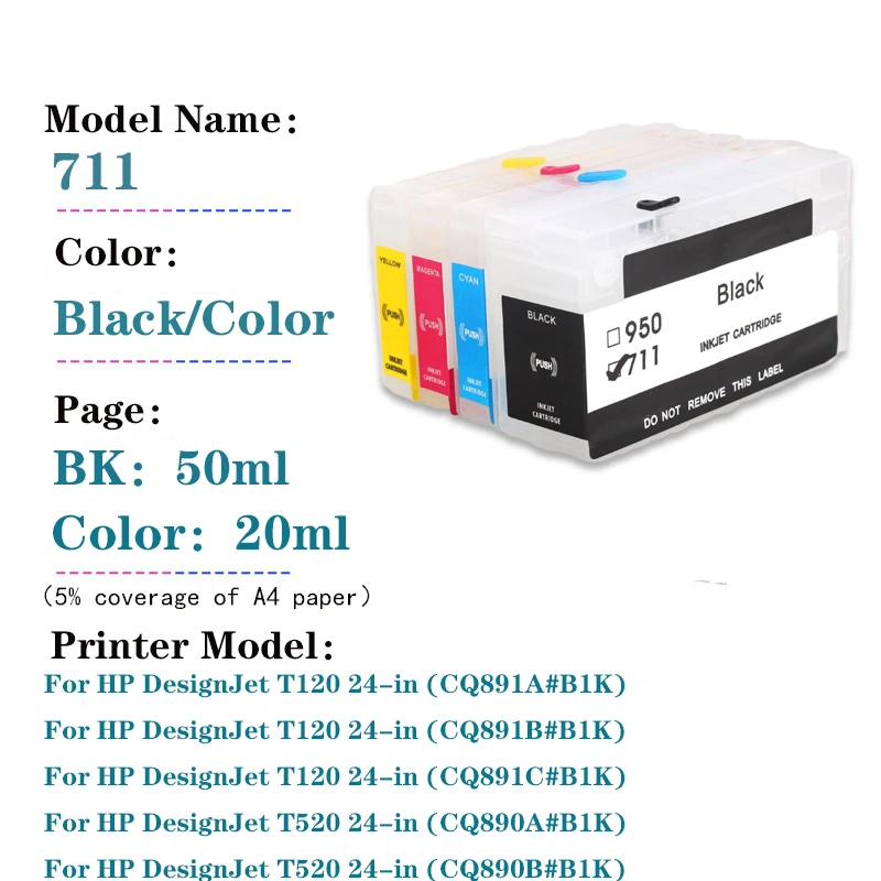 Imagem -02 - Cartucho de Tinta Recarregável com Chip Arc Substituição para hp Designjet T125 T130 T525 T530 24 711xl 711 Hp711